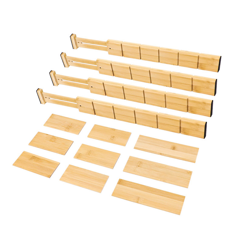 Cloisons de tiroir réglables en bambou avec inserts et étiquettes - Organisateurs extensibles pour la cuisine, le bureau, la commode et la salle de bain