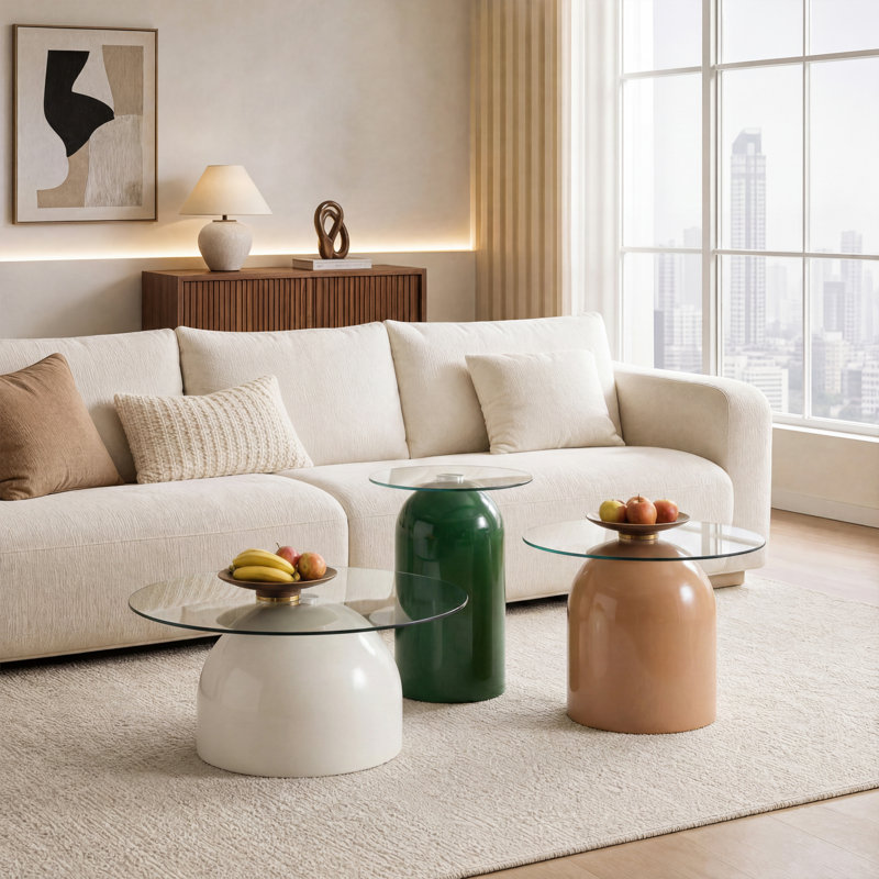 Glass Top Living Room Table Set, 3 Pieces: Console Table, Side Table, Coffee Table, Green, Tan