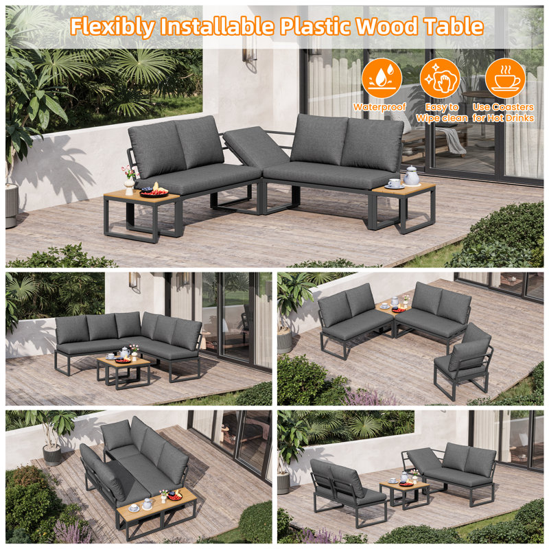 Grey Linen 4-5 Seater Garden Outdoor Set With Flexibly Convertible Plastic Wood Tables, Adjustable Corner Sofa And Lounge Chair Patio Furniture