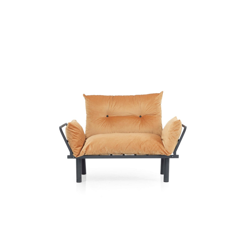 Canapé-lit futon deux places couleur moutarde riche, structure en métal, profondeur 125 cm, largeur 61 cm, hauteur 89 cm. Modèle moutarde avec support, profondeur 124 cm, largeur 61 cm, hauteur 89 cm, poids 13,6 kg