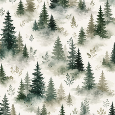 Forest Peel and Stick Wallpaper Misty Pine Forest Distant Mountains Watercolor Landscape Wall Mural 17.7"W x 118"H Self Adhesive Removable Wall Paper Renter Friendly Wallpaper for Nursery Bedroom Cabinets
