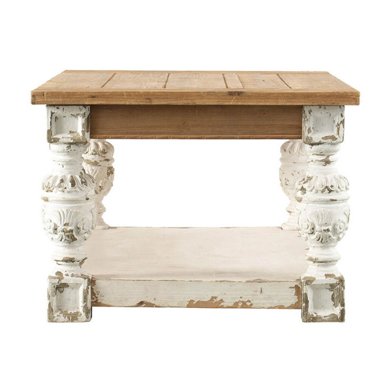 Whitewash Fir Wood Rectangular Coffee Table with Storage and Carved Legs