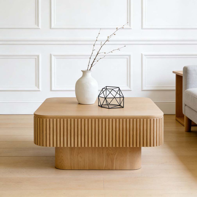 Table basse carrée 31,5 "avec rangement, Bois naturel
