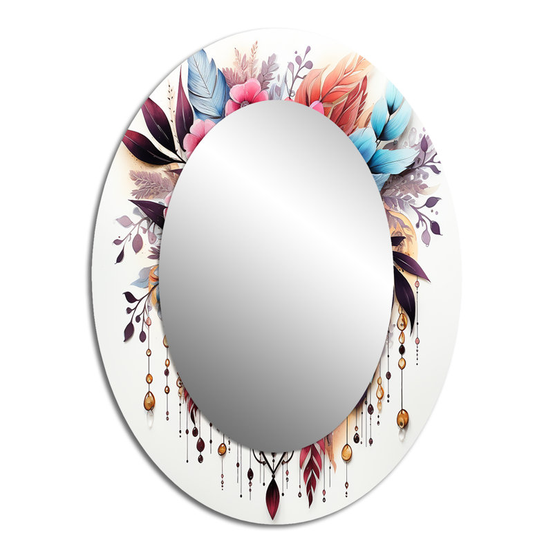 Décoration de miroir bohème rouge fleurs et plumes bleues II - Rose, 40 po x 30 po