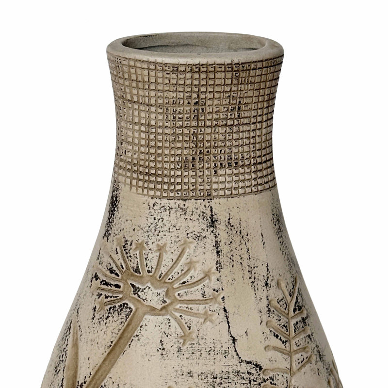 Earthenware Floral Pattern Vase In Grey
