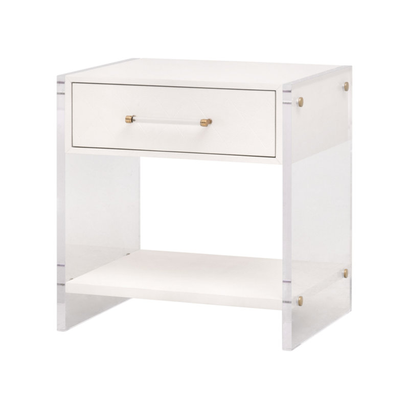 Pearl White Faux Shagreen Resin Nightstand with Clear Acrylic Sides