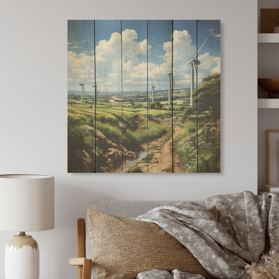 Analytic Drawing Of A Wind Turbines - Wind Turbines Wood Panel Wall Art On Natural Pine Wood