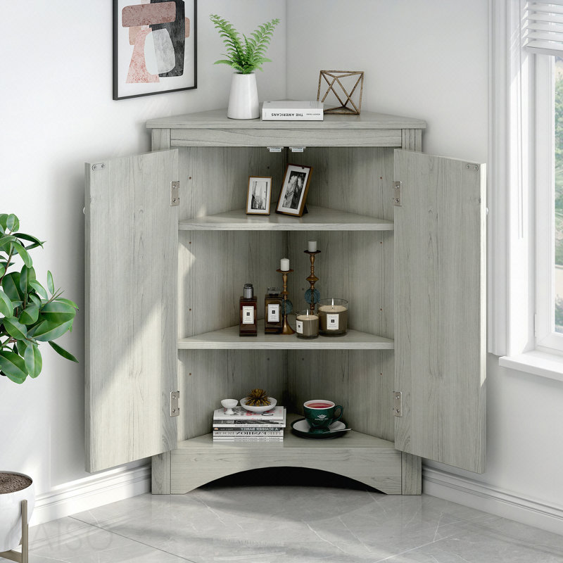 Triangle Bathroom Storage Cabinet With Adjustable Shelves, Freestanding Floor Cabinet, Gray
