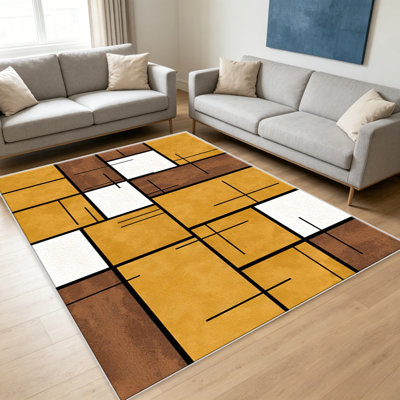 Mustard Grid   area rugs for Living Room, Soft and Comfortable, Suitable for all seasons, easy to maintain, machine washable Indoor floor mat, Under Table Farmhouse suitable for Bedroom, Dining Room, Study,  Balcony, Home Decor Patio