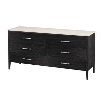 Isa 64 in. W Rectangular Marble Top 6 Drawer Dresser, Washed Black