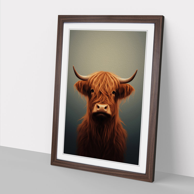 Highland Cow Minimalism - Single Picture Frame Print on Wood, 34cm H x 25cm W x 2cm D, Walnut