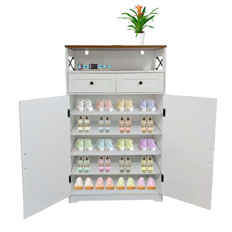 Modern Farmhouse Shoe Storage Cabinet, Narrow Entryway Shoe Rack with Drawers & Adjustable Shelves, Brown White