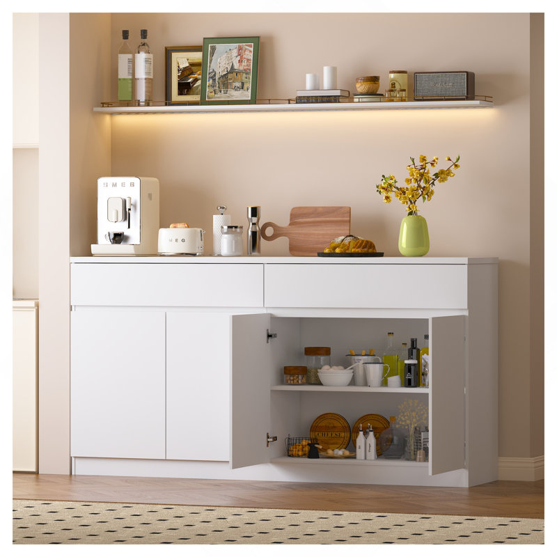 Buffet avec rangement, grand meuble de cuisine avec 2 tiroirs et 4 portes, table basse/buffet en bois pour cuisine/salle à manger, blanc