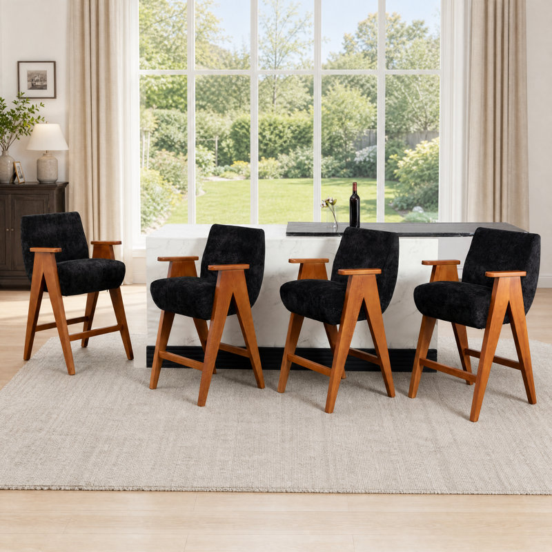 Mid-Century Upholstered Counter Bar Stool With Arms And Wooden Legs, Black