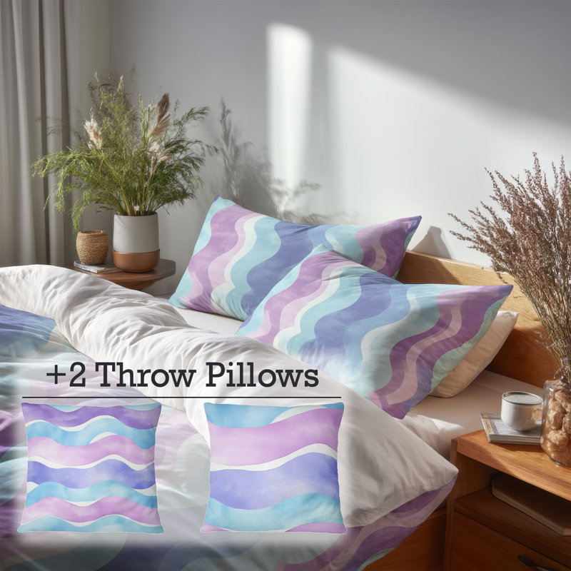 Ensemble de literie 5 pièces Kids Abstract - housse de couette et coussin décoratif Playful Playful Waves, Très grand lit