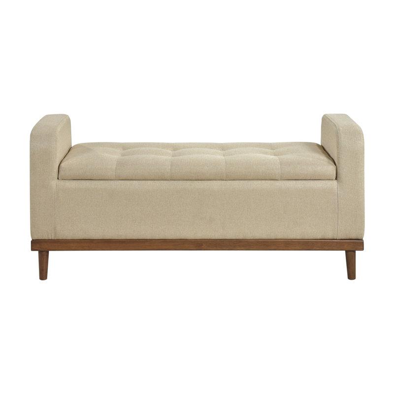 Mid-Century Modern Lift Top Storage Bench 1Pc Light Brown Upholstered Tufted Solid Wood Walnut Finish Wooden Furniture, Beige