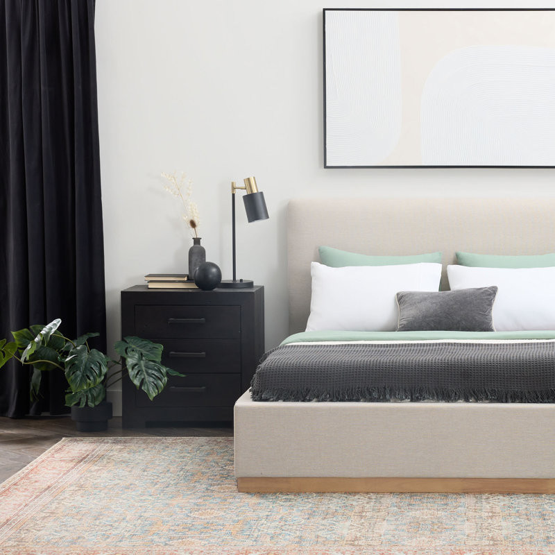Delpha Grounded Upholstered Wood Base Bed, Queen, Effie Linen Performance Linen