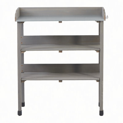 Table de rempotage 30 po x 14,5 po x 35,5 po avec plateau en métal, banc de travail extérieur à 3 couches avec crochet pour le jardin, poste de travail en bois massif pour le garage