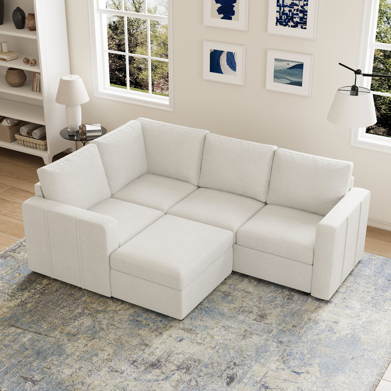 Canapé de rangement modulaire en L Aubade avec repose-pieds amovible, Chenille beige