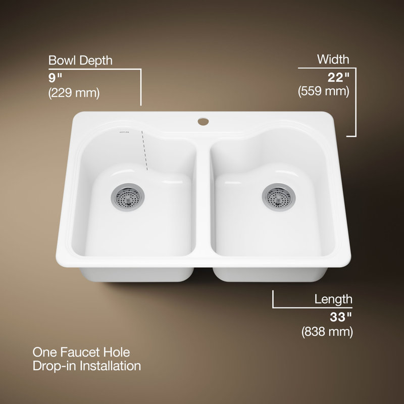 Hartland 33" L x 22" W x 9-5/8" Double Basin Drop-In Kitchen Sink, 1 Hole, White
