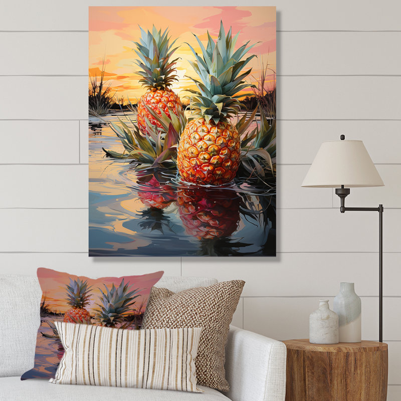 «Sunny Pineapple Serenade Lakeside», reproduction sur toile, Toile tendue, H 32 po x l 16 po x P 1 po