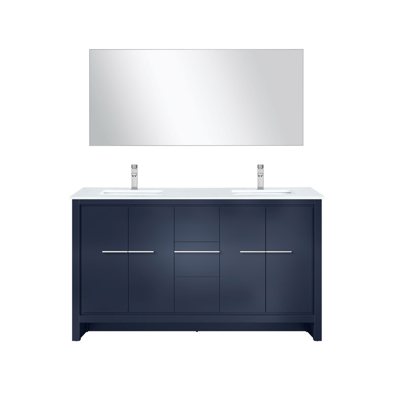 Lafarre 60 in W x 20 in D Double Bath Vanity Mirror and Faucet Set, Navy Blue, White Quartz
