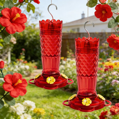 Hummingbird Feeders 2 Pack, 14OZ Ant And Bee Proof Outdoor Hanging Feeder With 4 Leak Proof Ports, UV Resistant Plastic For Garden And Patio