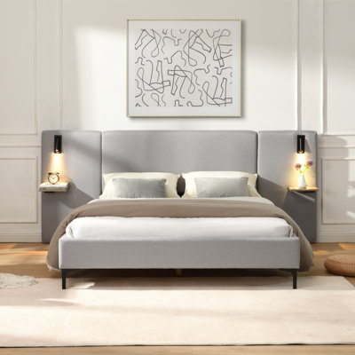 Chic Linen Upholstered Bed with Integrated Lights and Shelves, Grey