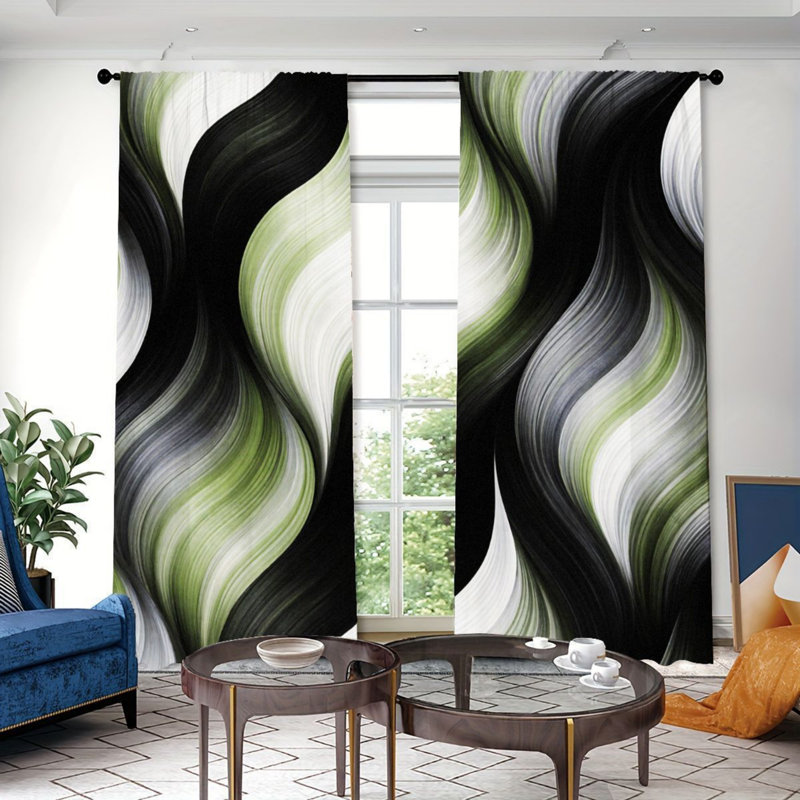 2PCS Abstract Swirl Decor Light Filtering Curtains with Black Green White Wavy Pattern, Modern Home Accent, Easy Hang Rod Pocket Design, All-Season for Living Room Bedroom Cabinet Decoration