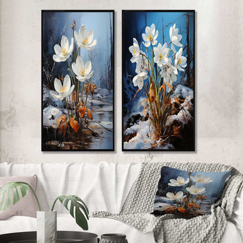 «Green Snowdrops Winter Flowers - Snowdrops», ensemble de 2 décorations murales, H 28 po x l 25 po, Cadre flottant noir