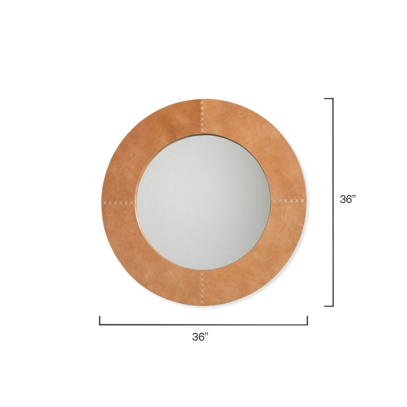Round Brown Leather Wall Mirror with Cross Stitch