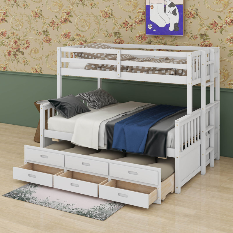 Twin Over Full Bunk Bed With Trundle And Drawers, White