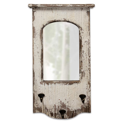 Rustic Entryway Arched Wall Mirrors With 3 Metal Hooks 12" X 22", Hanging Distressed White Wood Frame Farmhouse Bathroom Mirrors