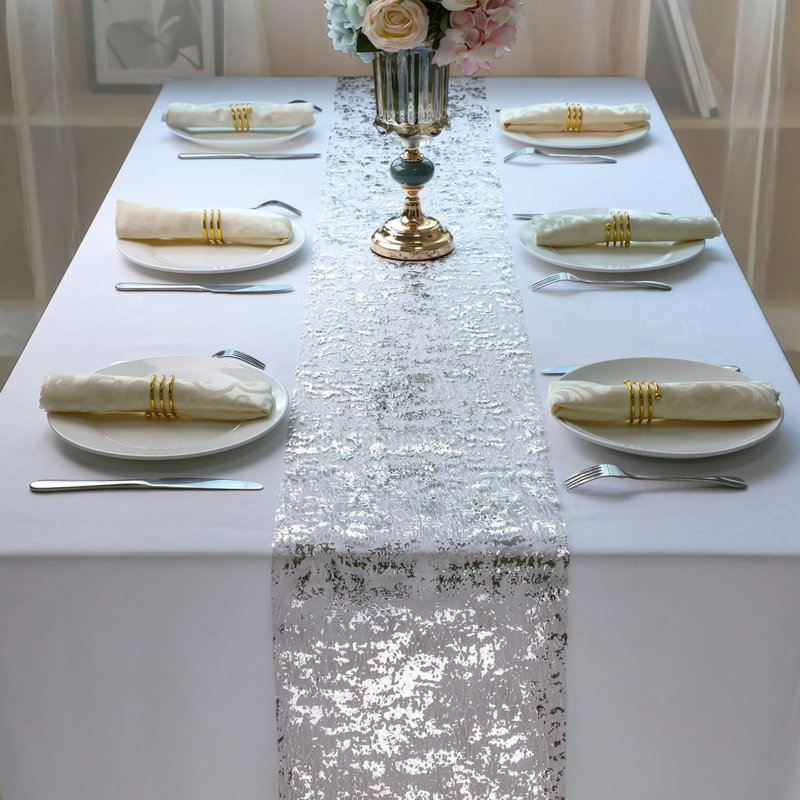Chemin de table argenté 2 pièces, rouleau de paillettes métalliques en paillettes minces 11 po x 108 po, centre de table en argent pour les fêtes d'anniversaire de mariage