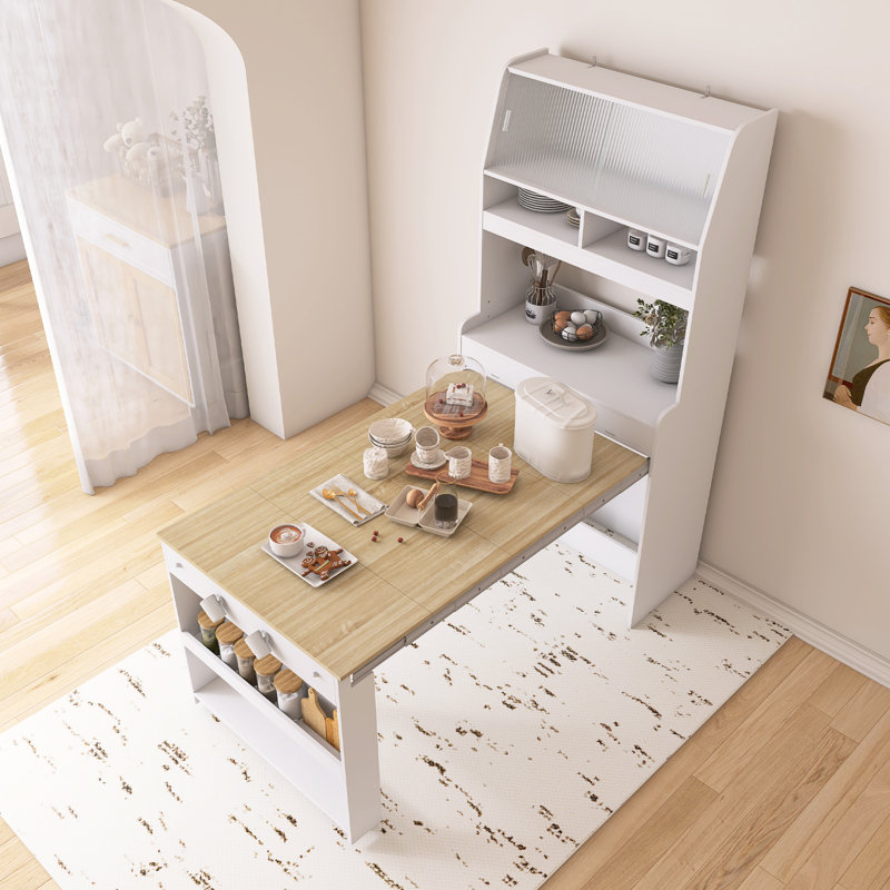 Foldable Dining Table With Storage Shelf And Side Hooks, Natural/White