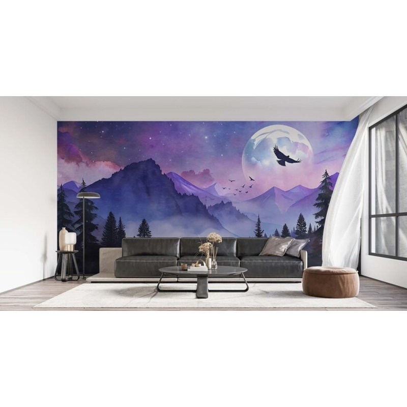 Papier peint Misty Mountain Forest Moon Night Landscape, L 108 po x l 192 po