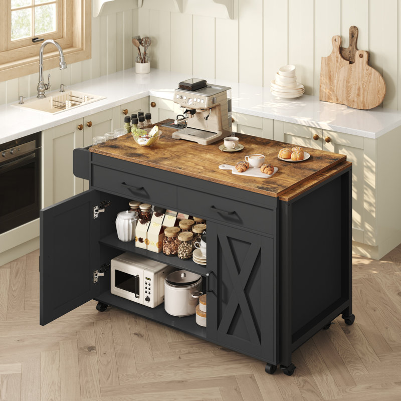 62.8"Farmhouse Kitchen Island with Extendable Dining Table and Outlets & Switch, 2 Drawers and 2 Doors Cabinet For Kitchen