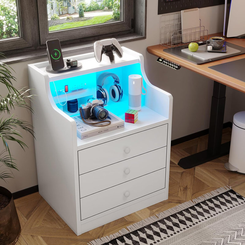 Nightstand With Charging Station And Led Lights,night Stand With Hutch,bedside Table With Drawers,modern End Side Table For Bedroom