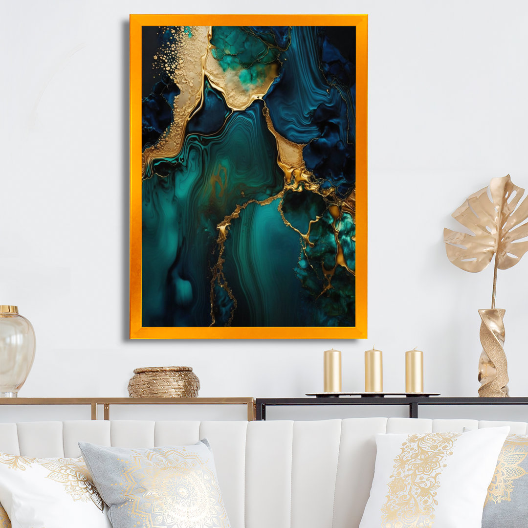Abstract Geode Marble Green And Gold - Abstract Marble Framed Canvas Print Everly Quinn