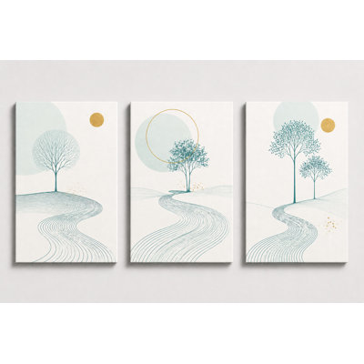 Grand ensemble de 3 arbres scandinaves, art mural, nature minimaliste, impression sur toile, sarcelle, couleur dorée, décor moderne pour le salon, impression sur toile 16 x 24 pouces - prête à être accrochée
