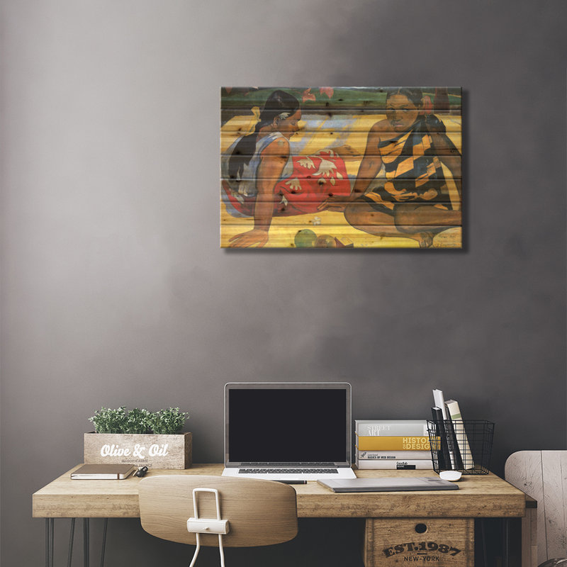 Deux femmes assises par Paul Gauguin - peinture sur bois sans cadre, H 18 po x l 26 po x P 1,5 po
