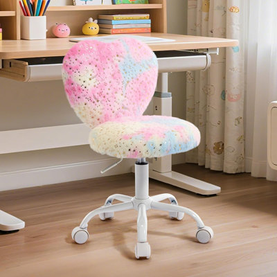 Heart Kids Desk Chair Adjustable Comfy Swivel Computer Chair Vanity Chair for Bedroom Study, Fluffy Kids Office Chair for Reading ,Pink