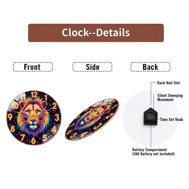 Horloge murale colorée Lion Art pour la maison ou le bureau - Horloge murale 12 po