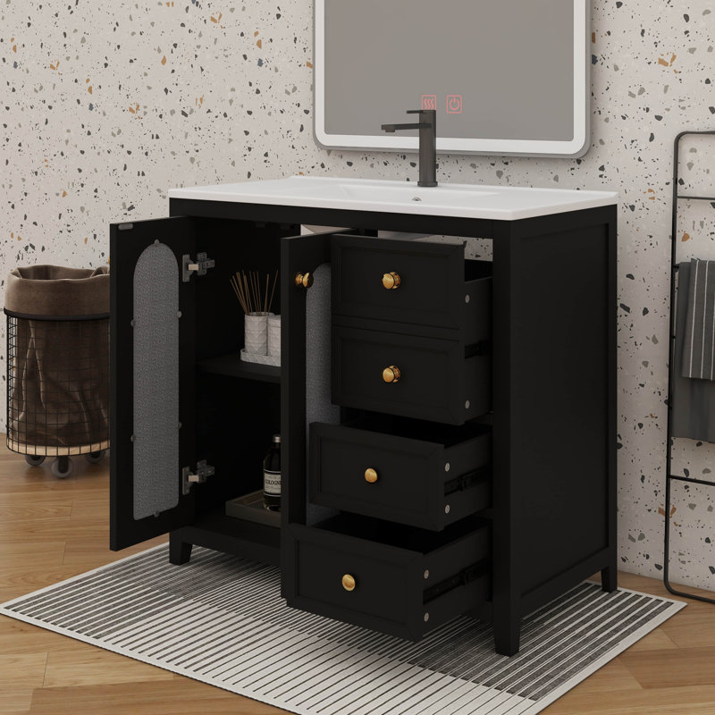 Meuble-lavabo de 36 pouces avec deux portes à fermeture douce, des tablettes réglables et trois tiroirs, Noir