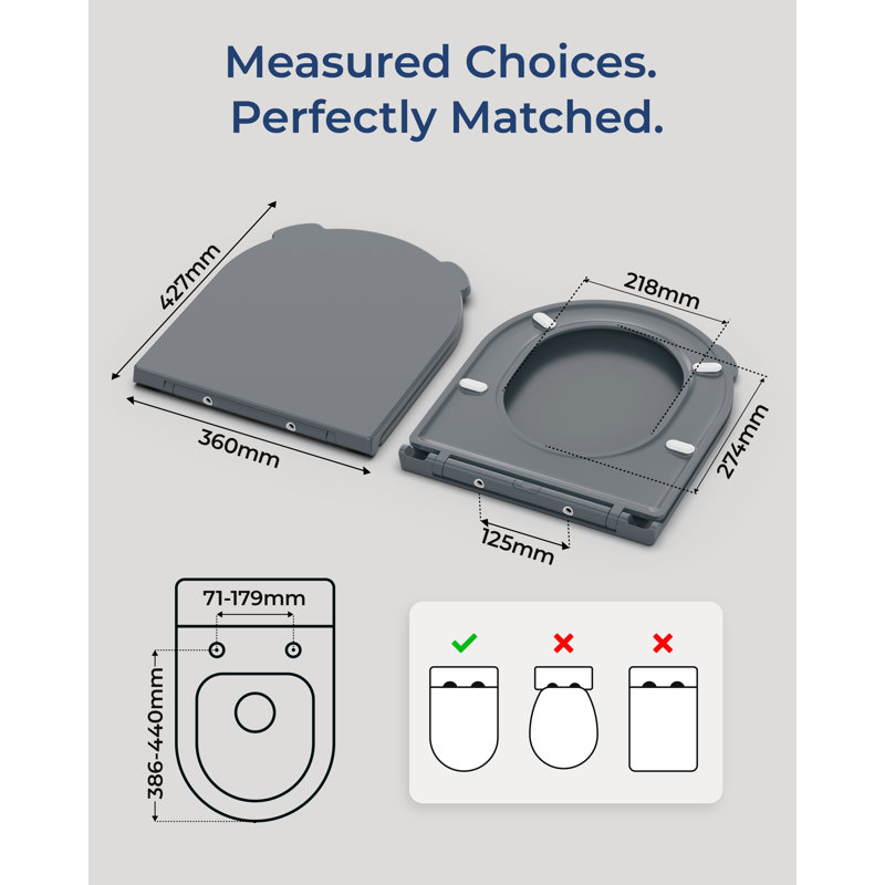  D Shape Toilet Seat with Hinge Covers Blue Soft Close Heavy-Duty Duroplast Quick Release, Dark Grey 