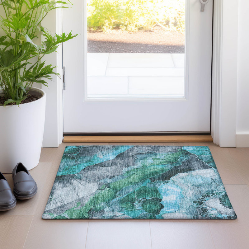 Tapis bleu sarcelle lavable à la machine intérieur / extérieur Xhevrie, Rectangle 1 pi 8 po x 2 pi 6 po