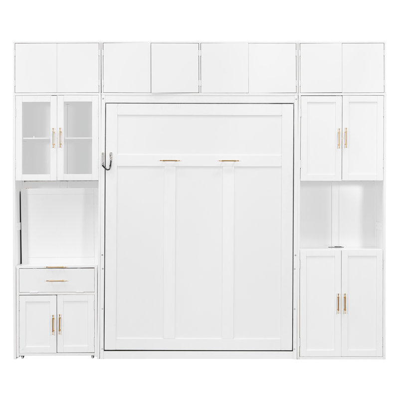 Lit escamotable double vertical avec bureau escamotable, armoire de rangement, tablettes éclairées et station de charge