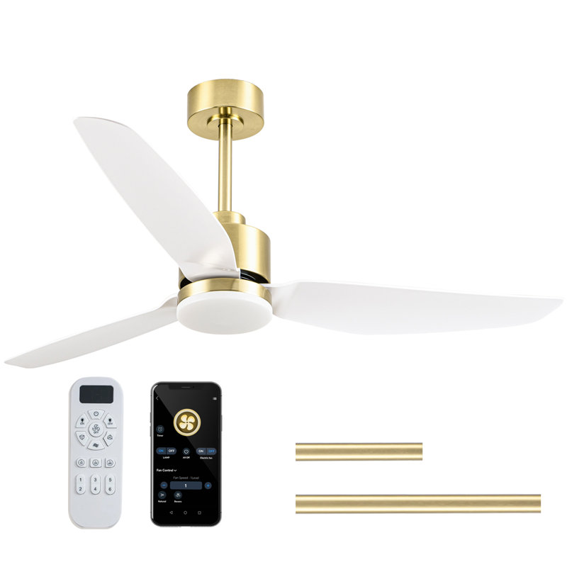 52" 3-Blade Indoor LED Ceiling Fan with Remote and Light Kit Included, Gold, White