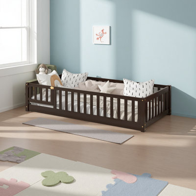 Twin Size Floor Bed With Fence And Door,Rubber Wood Floor Bed With Safety Guardrails