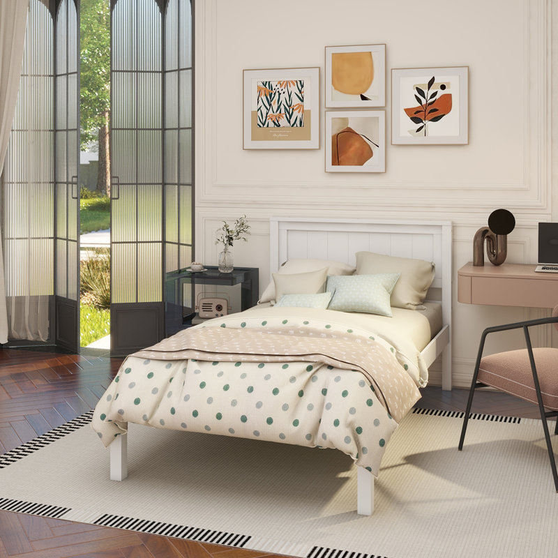 Chares Wood Platform Bed With Headboard, Full, White